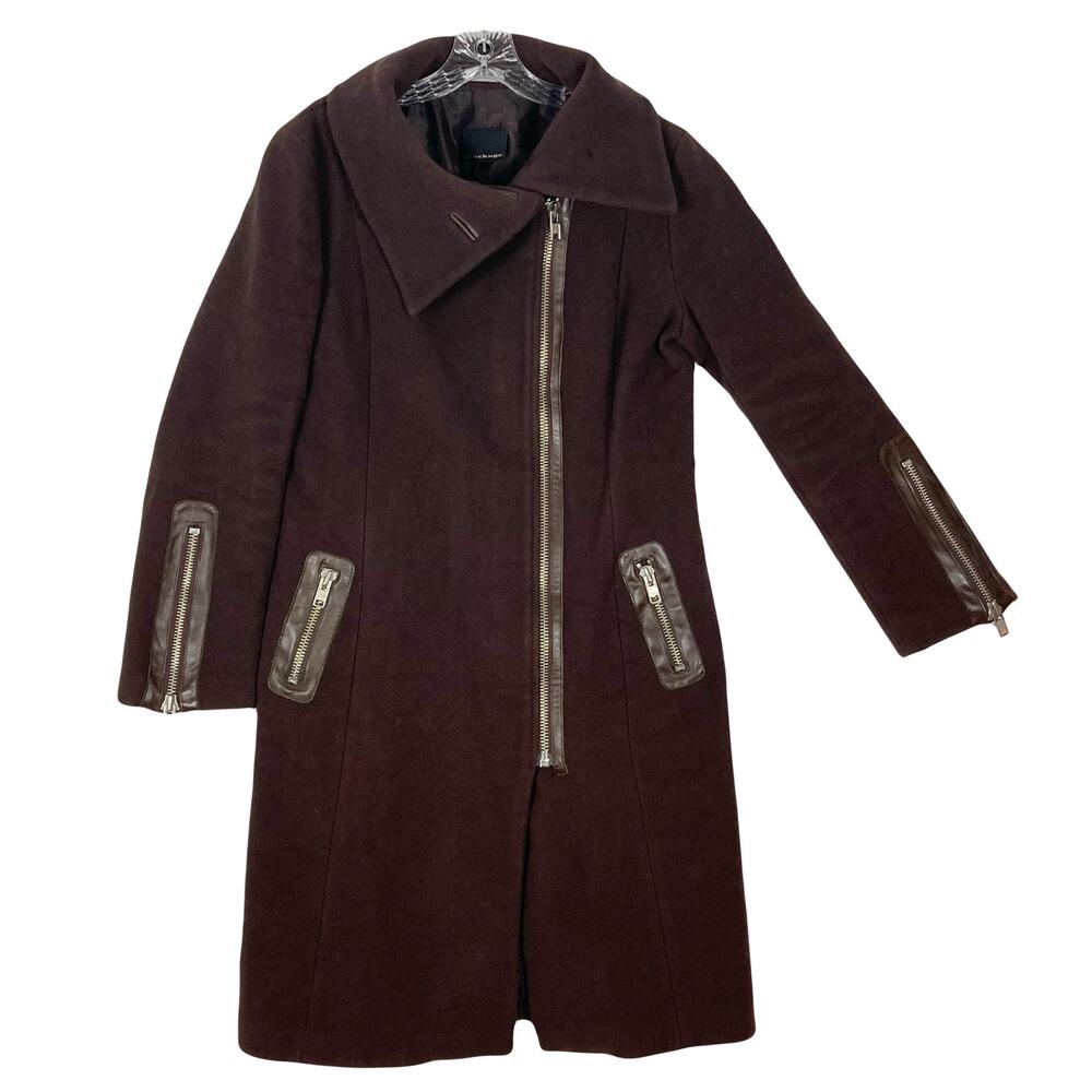 MACKAGE Coat Women L Brown Cashmere Wool Leather High-Neck-Buttons Zip Pocket